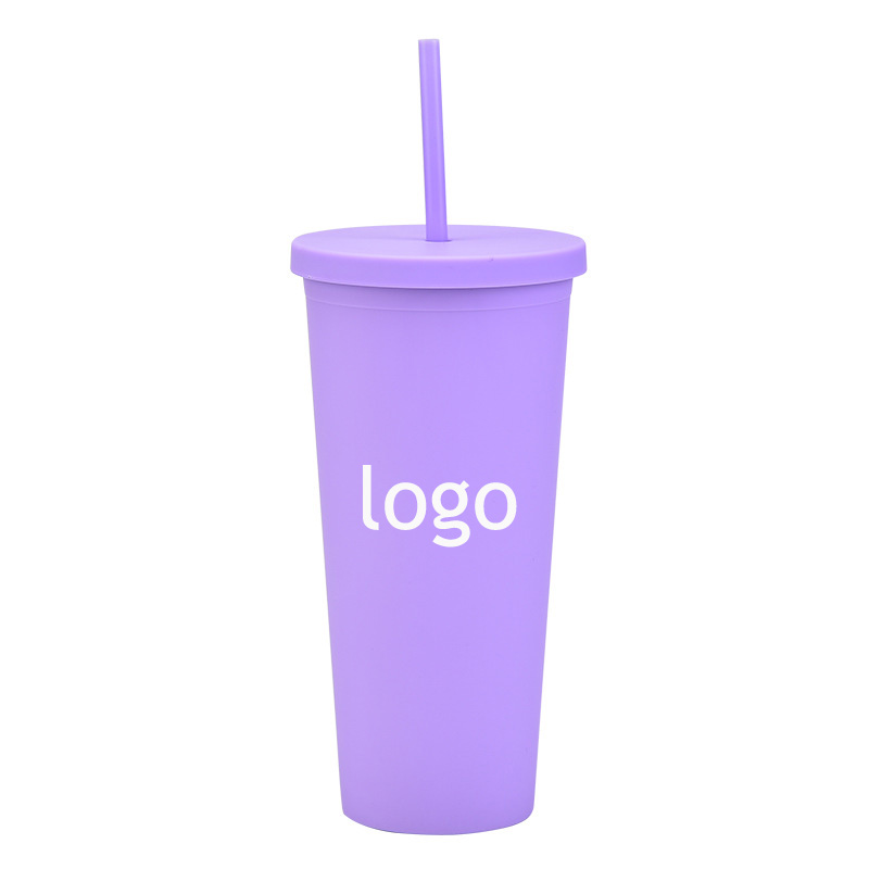 24oz Double-layer Solid Color Plastic Straw Cup view 2
