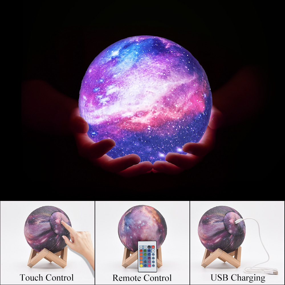 16 Colors 3D Planet Lamp w/ Wood Stand, Remote & Touch Control USB Rechargeable Gift view 2
