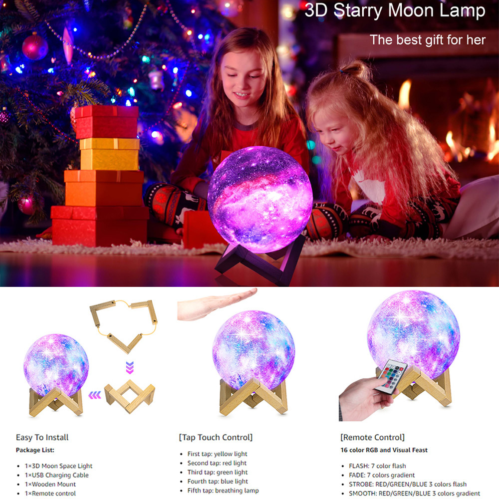 16 Colors 3D Planet Lamp w/ Wood Stand, Remote & Touch Control USB Rechargeable Gift view 4