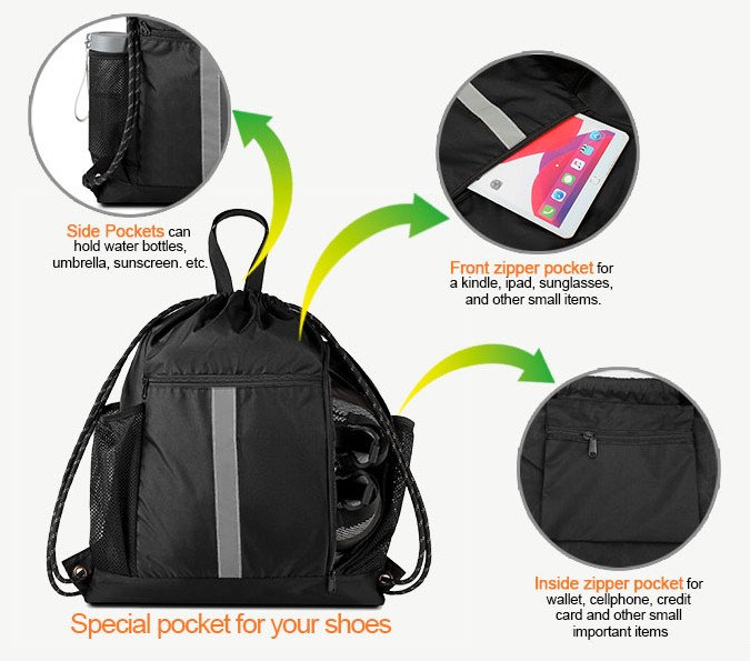 Drawstring Backpack Sports Gym Bag With Shoe Compartment view 2