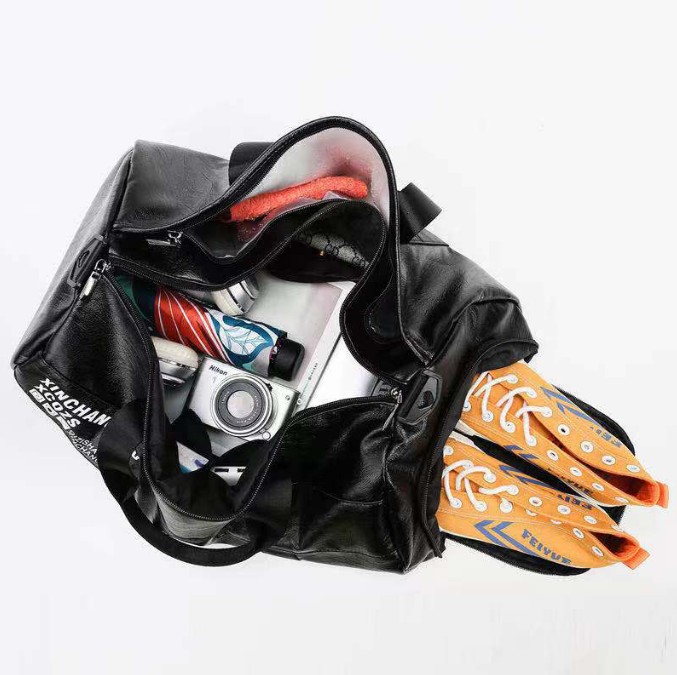 Black PU Leather Sports Gym Duffel Bag view 3