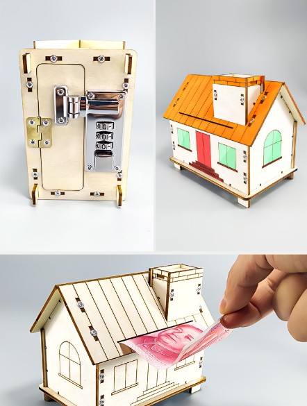 Puzzle Toys Self-assembly Piggy Bank Wooden Hut w/ Combination Lock view 3