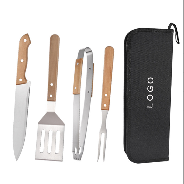 4Pcs BBQ Stainless Steel Tools Set w/ Wood Solid Handle