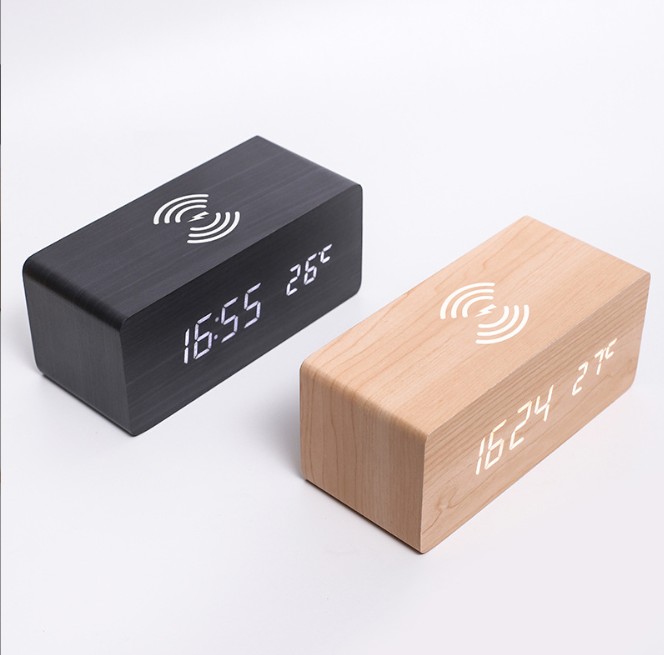 Wooden Alarm Clock With 10W Wireless Charging view 2