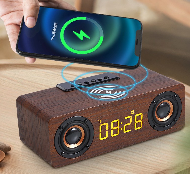 Wooden Alarm Clock with 10W Wireless Charger & Speakers