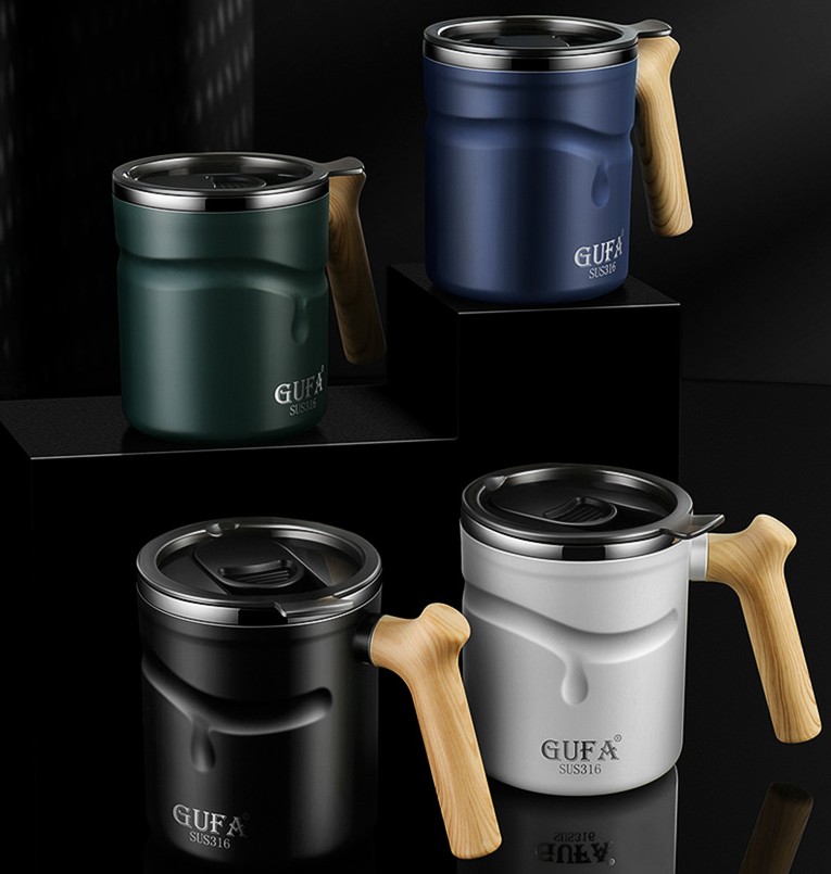 18Oz.Bargain Price Insulated Stainless Steel Coffee Mug with Wooden Handle and Push Lid