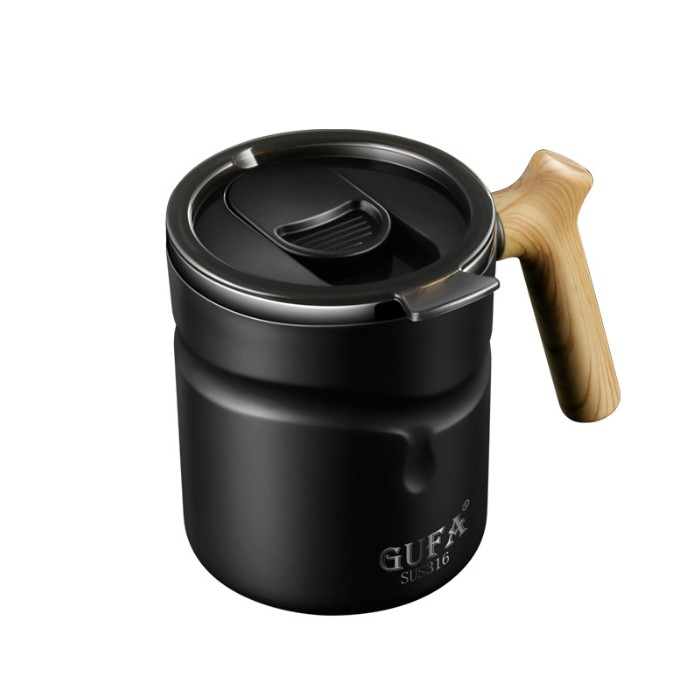 18Oz.Bargain Price Insulated Stainless Steel Coffee Mug with Wooden Handle and Push Lid view 2