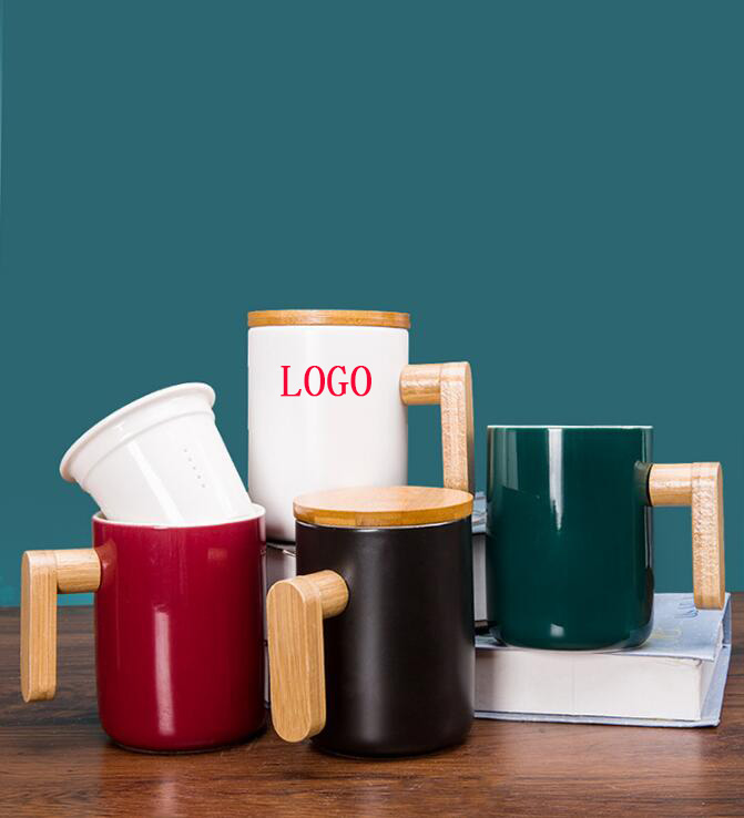 12 Oz Ceramics Mug With Bamboo Handle Lid And Filter