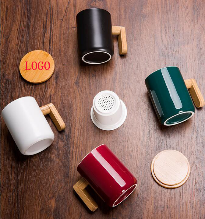 12 Oz Ceramics Mug With Bamboo Handle Lid And Filter view 2