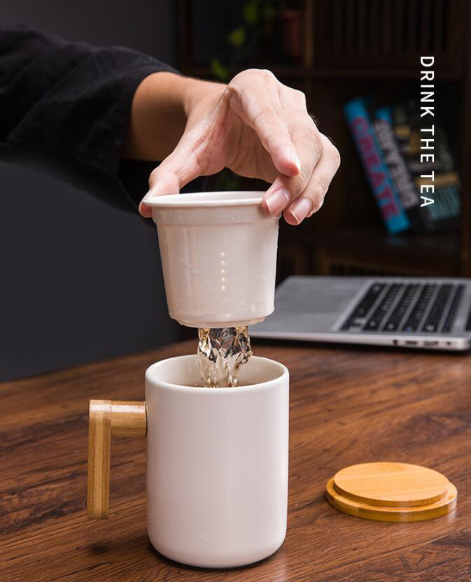 12 Oz Ceramics Mug With Bamboo Handle Lid And Filter view 4