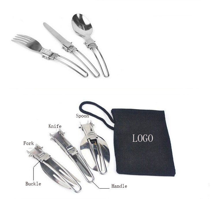 Portable Stainless Steel Outdoor Camping Travel Folding Tableware (Fork, Knife, Spoon) With Pouch