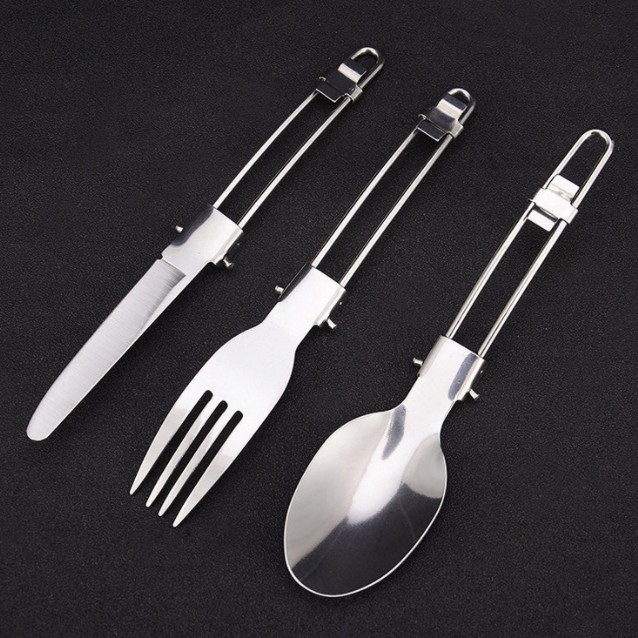 Portable Stainless Steel Outdoor Camping Travel Folding Tableware (Fork, Knife, Spoon) With Pouch view 2