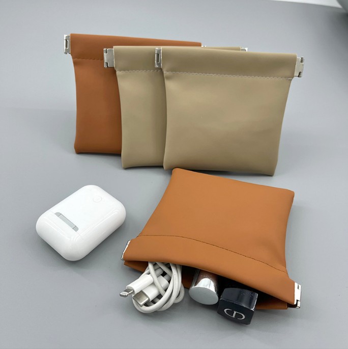 Automatic Closing Shrapnel Closing PU Leather Bag Mini Coin Jewelry Storage Pouch/Airpods Holder view 2