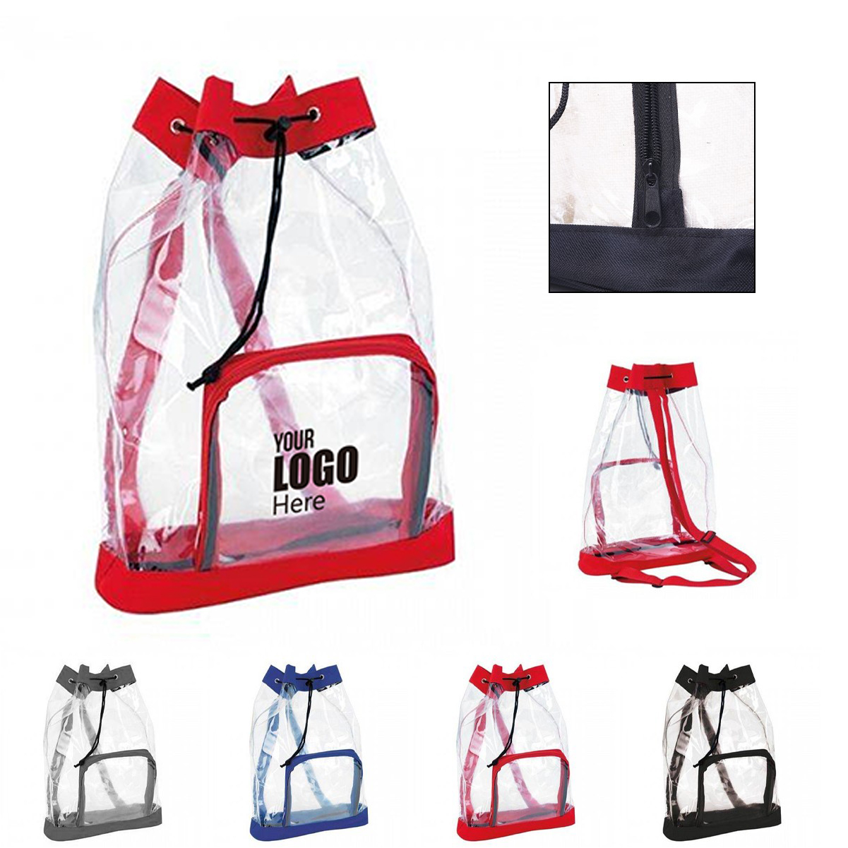PVC Clear Drawstring Backpack w/ Zipper Pocket