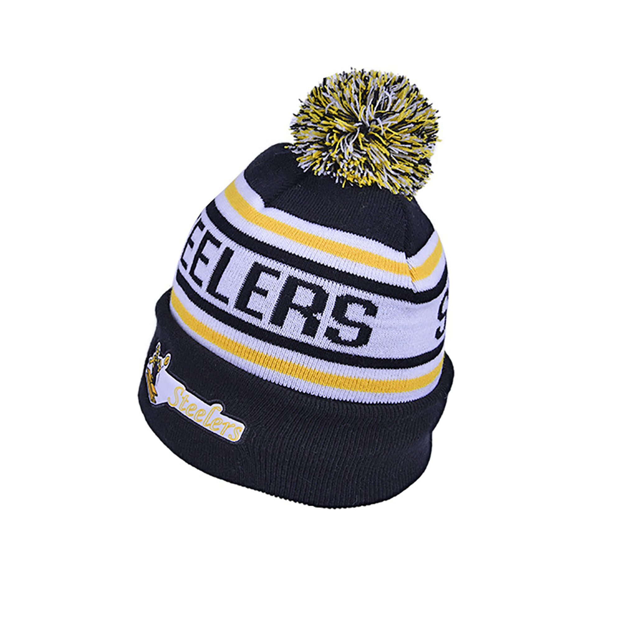 Jacquard Pom Pom Cuffed Beanie With Strip view 2