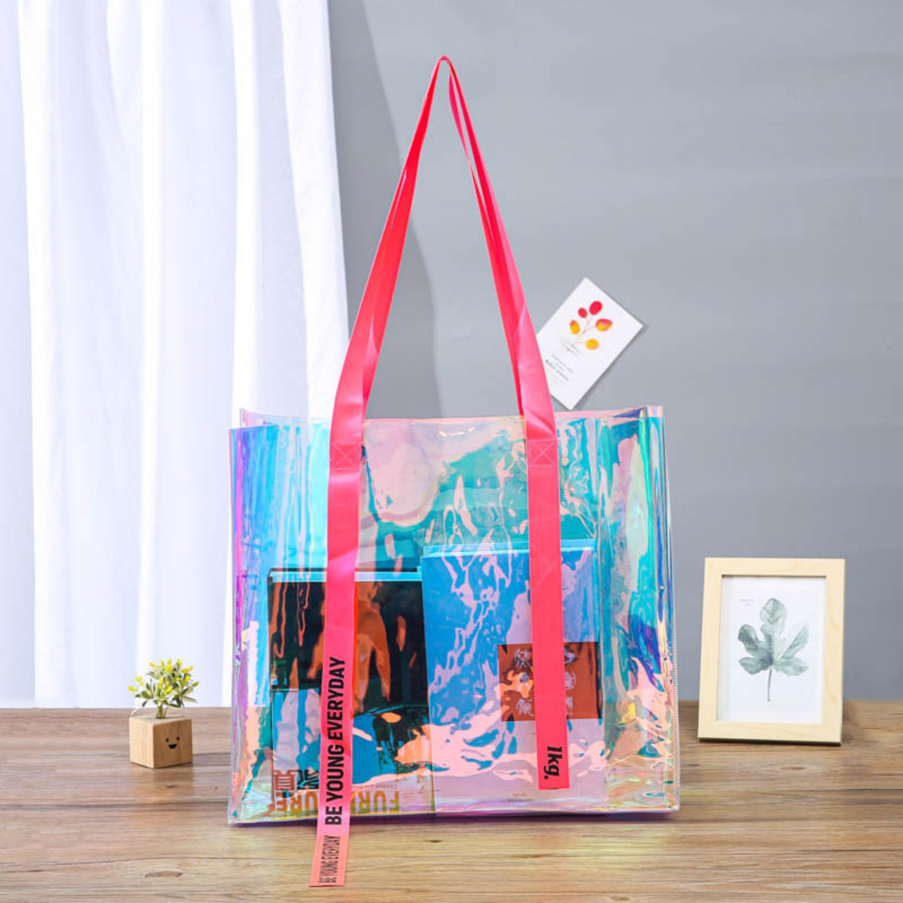 Clear laser Holographic Iridescent rainbow Portable Hologram Pvc Tote Bag view 3