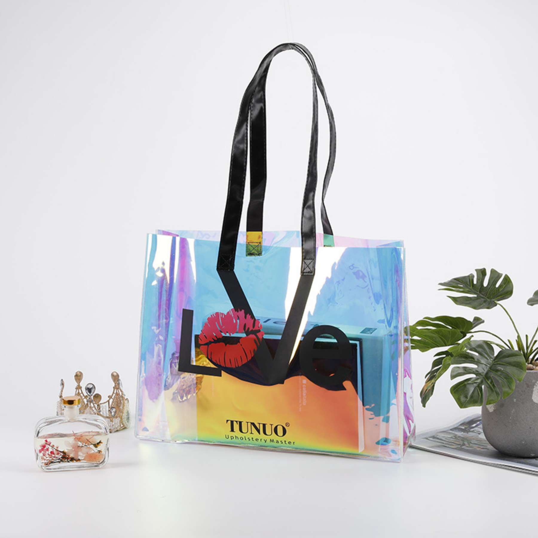 Clear laser Holographic Iridescent rainbow Portable Hologram Pvc Tote Bag