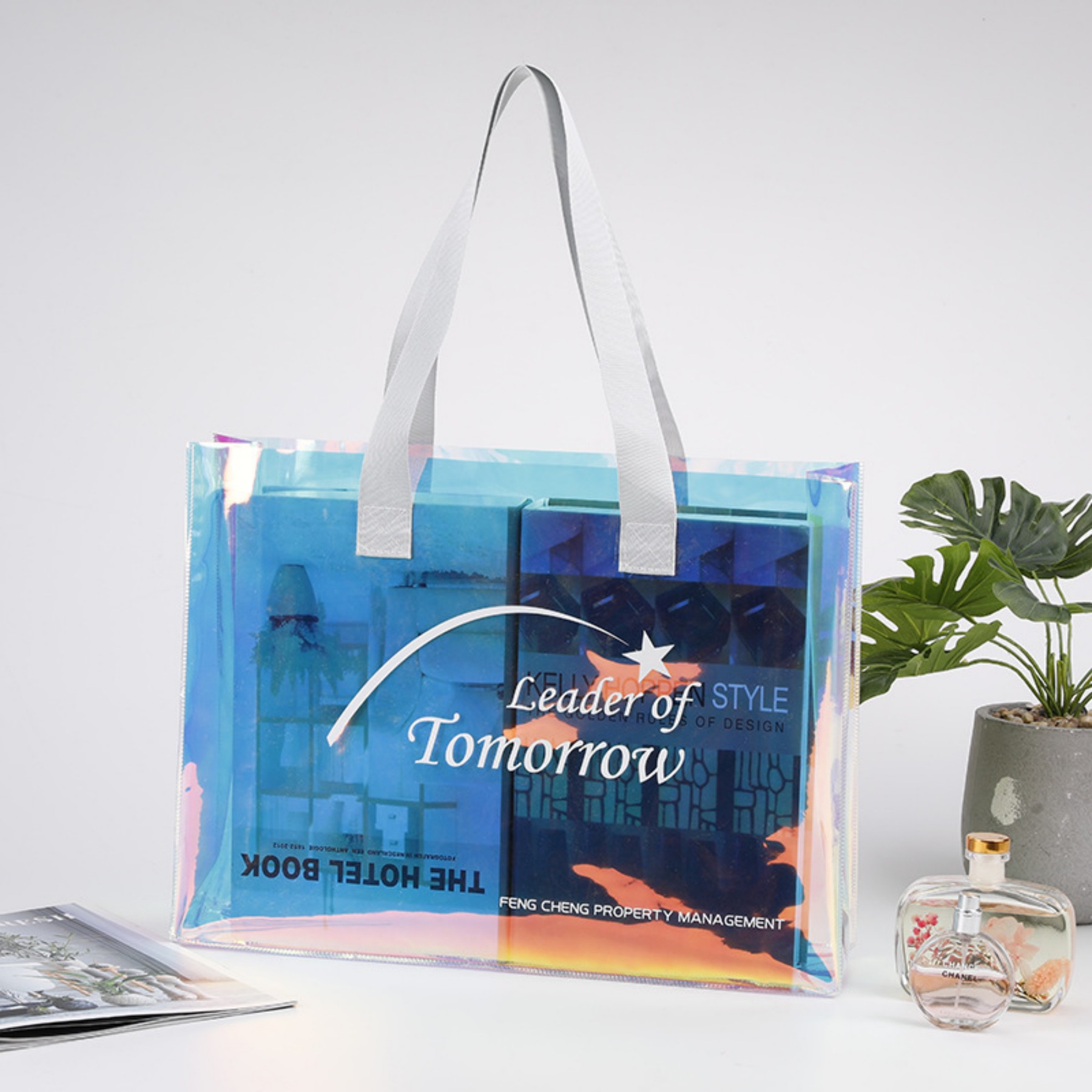 Clear laser Holographic Iridescent rainbow Portable Hologram Pvc Tote Bag view 2