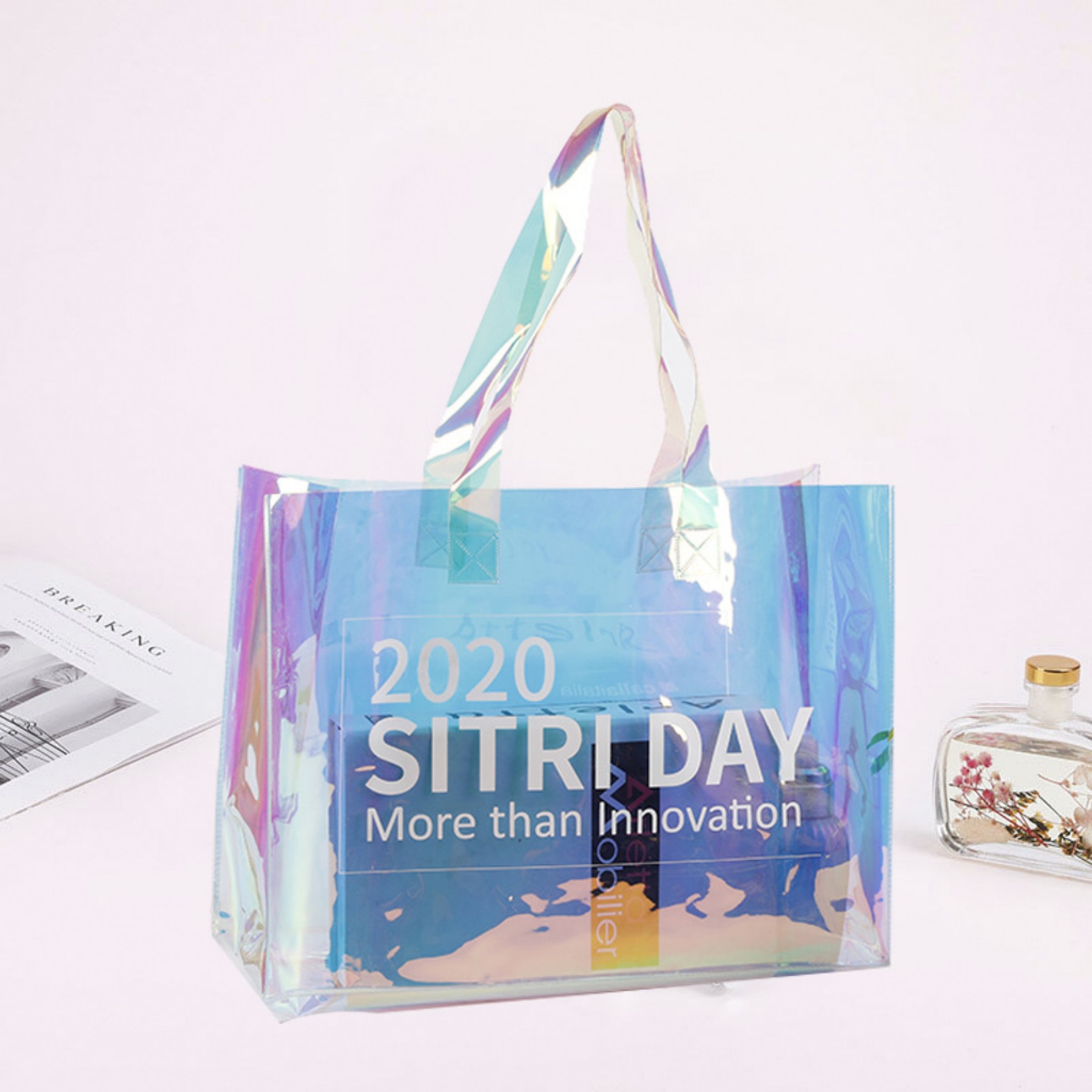 Clear laser Holographic Iridescent rainbow Portable Hologram Pvc Tote Bag view 3