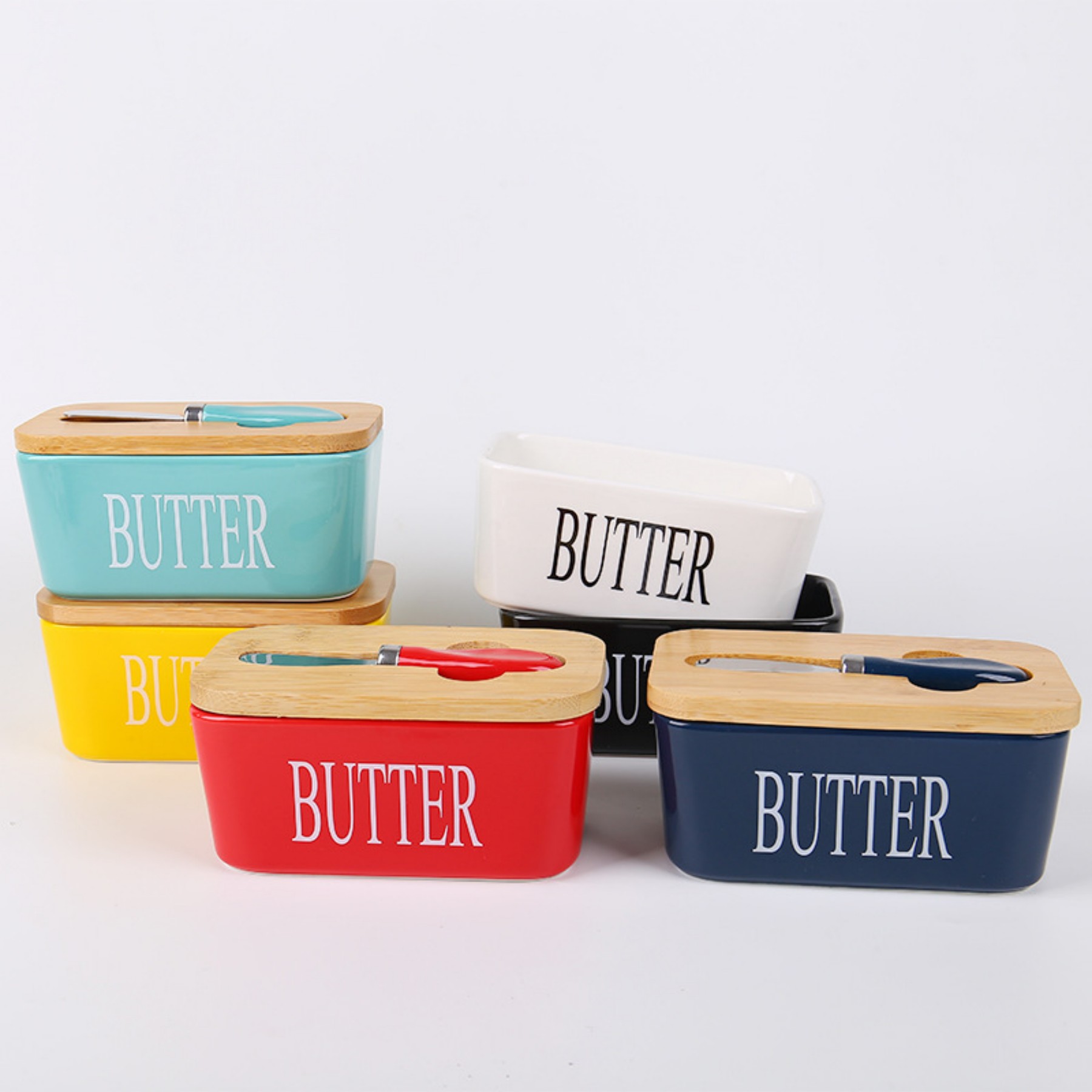 Multi-color ceramic sealed butter box with bamboo cover square butter box with knife multi-function